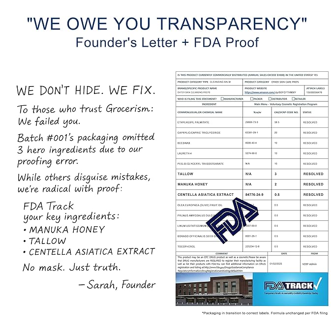 Grocerism Makeup Remover & Cleansing Balm with Manuka Honey & Centella Asiatica, Soothing Cleansing Balm with Beef Tallow for Dry, Sensitive Skin, Deep Cleanse & Moisturize, 3.53 Oz Organic Skincare