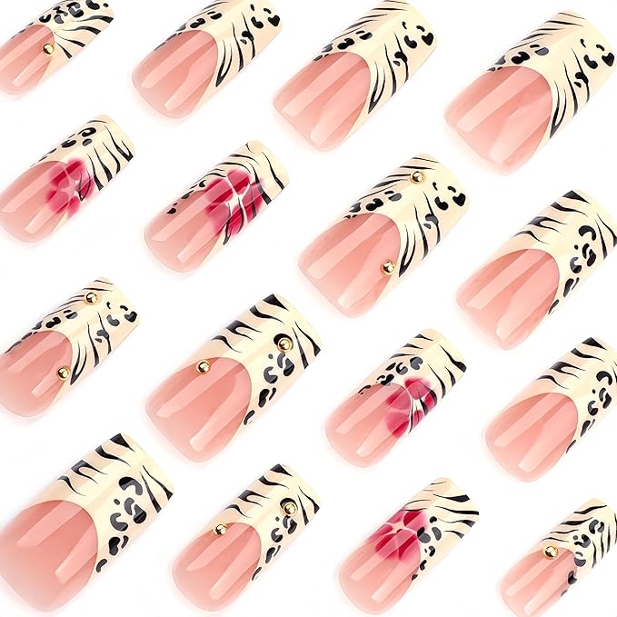 Leopard Print French Tip Press on Nails Long Square Fake Nails with 3D Gold Pearl Designs Red Blooming Flower Full Cover Glue On Nails Reusable Coffin Autumn Winter Brown False Nails for Women 24Pcs