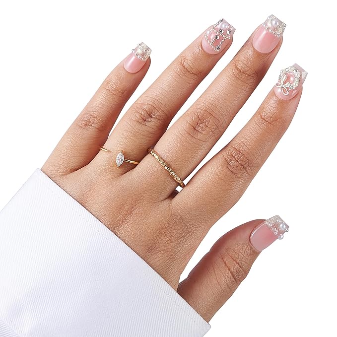 Large-Peach Crystal Charm French Tip Press-On 10 Nails Manicure Kit for Women | Custom Handcrafted Nail Glue, Dual Nail File, Cuticle Stick & Buffer Block | Measure Before Ordering