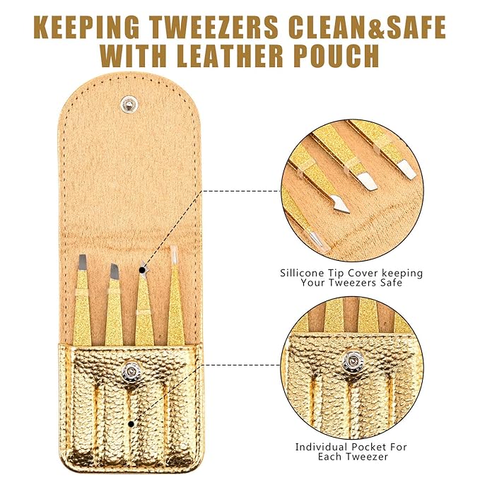 Eyebrow Tweezer Set, 4 Pcs Professional Stainless Steel Tweezers for Women, Precision Tweezer for Facial Hair, Splinter and Ingrown Hair Removal（Glod）