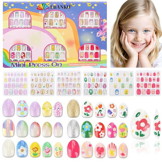 144 Pieces Press on Nails for Kids, EBANKU 6 Pack Kid Fake Nail Pink Gold Flower Star Press on Nails for Girls 5-12 Years with Jelly Nail Adhesives