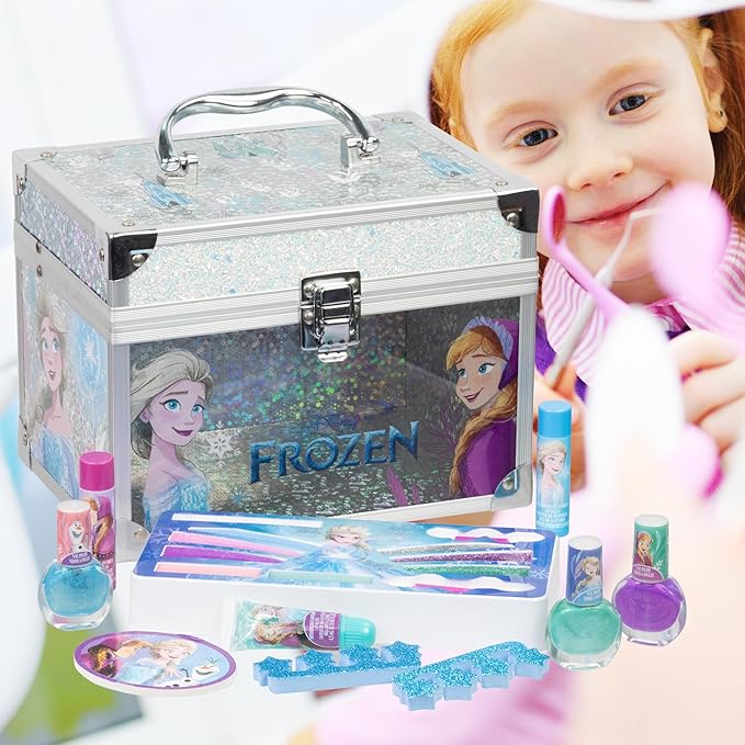 Disney Frozen Train Case Girls Beauty Set, Kids Makeup Kit for Girls, Real Washable Toy Makeup Set, Frozen Gift, Play Makeup, Pretend Play, Party Favor, Birthday, Toys Ages 3 4 5 6 7 8 9 10 11 12