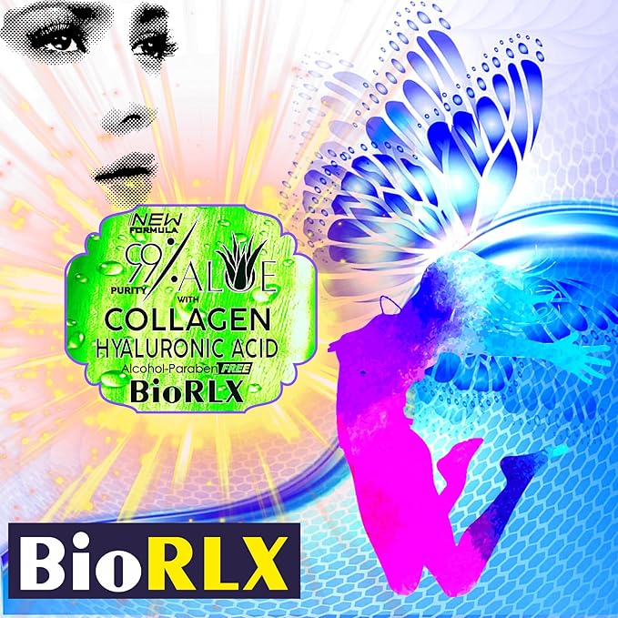 BioRLX 99% Aloe Vera Gel with Collagen and Hyaluronic Acid 250 Ml 8.5 Fl Oz - For Face Body, Hair & Scalp, After Sun Relief, Natural, Soothing, Hydrating