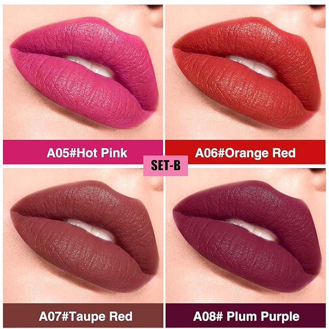 4Pcs Pitaya Pink Rouge Red Plum Purple Cherry Red Matte Lipstick Set，Creamy Matte+Lipsticks，Hydrating Balm-in-Lipstick，Velvety Finish for Women Daily Lip Makeup，High-pigment Formula，Easy to use