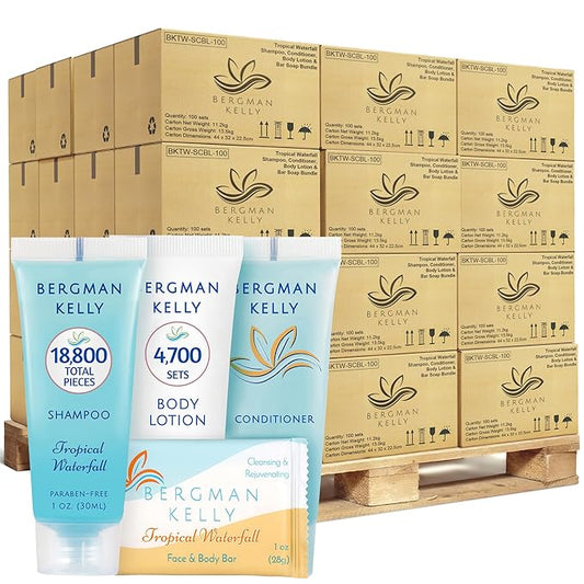 Bergman Kelly - Hotel Toiletries Bundle - Tropical Waterfall, 1 oz each, 18800 pcs - 4-Piece Set: Rectangular Bar Soap, Shampoo, Conditioner & Body Lotion (4700 each) - Bulk Mini Guest Amenities