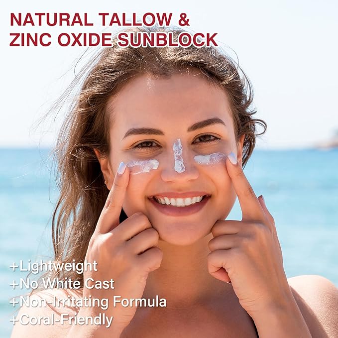 Beef Tallow Sunscreen with Zinc Oxide for Body Facial, Non-Toxic Natural Mineral Sunscreen Reef Safe Sunblock SPF 50,Clean Non-Greasy (For Sport or Daily Use), 3.5 OZ