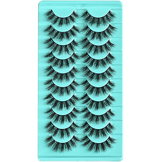 Wispy Lashes Fluffy Mink Eyelashes 16mm Natural Thick False Eye Lash Strips 10 Sets Medium Wispies Fake Strip Eyelash Wet Spikes Style Full Volume Cateye Spiky Lashes Manga Look