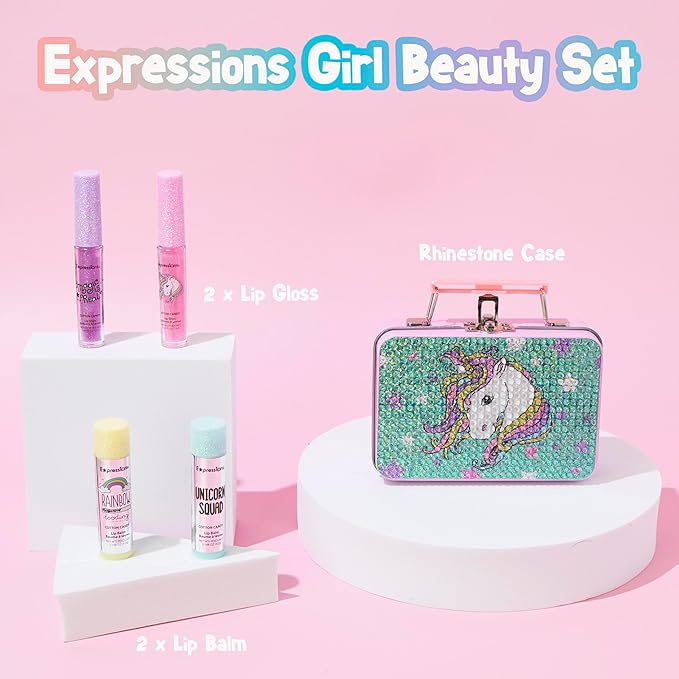 Expressions 5pc Cosmetics Lip Kit For Kids w/Lip Glosses, Lip Balms & Tin Box Storage Case I Believe in Unicorns Rhinestone,Washable + Non Toxic