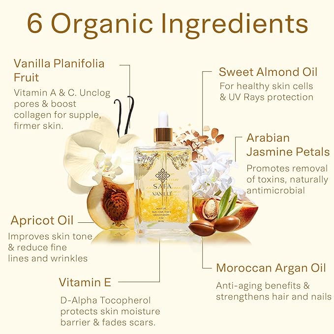 SAFA Vanillé Oil - Organic Oil for Face, Body, Hair, Nails & Aromatherapy | Vanilla Extract & Jasmine Petals - Essential Oil for Diffusers | After Shower Body Oil | Skin Moisturiser (4 Fl Oz)