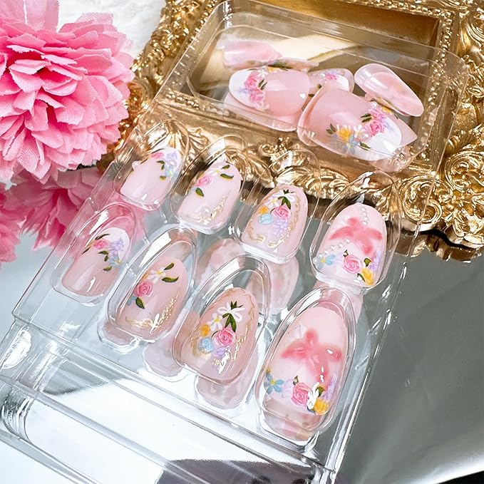 24pcs Colorful Flower Press on Nails Medium Almond Fake Nails with 3D Butterfly Designs White French Tip False Nails Cute Floral Acrylic Nails Kit Summer Fall Full Cover Glue on Nail for Women