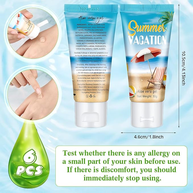 6 Pcs Mini Aloe Vera Gel Travel Size Bulk for Summer Vacation Party 1oz After Sun Aloe Vera Gel Sunburn Relief Hydrating Face Body Moisturizer Cream for Gifts Summer Party Supplies