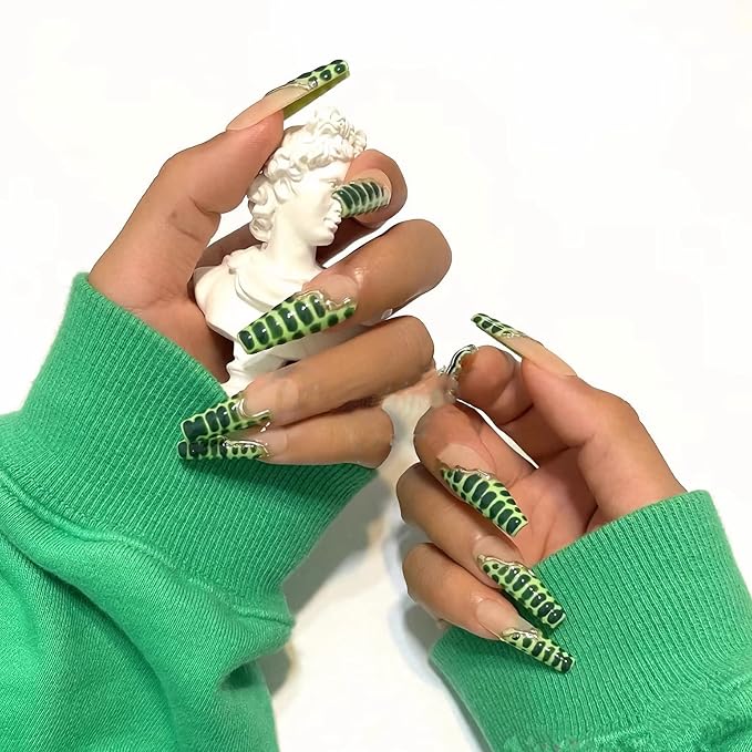 BABALAL Long Coffin Press-On Nails - Green French Tip Acrylic With Crocodile Pattern - 24Pcs Ballerina False Nails for Women and Girls