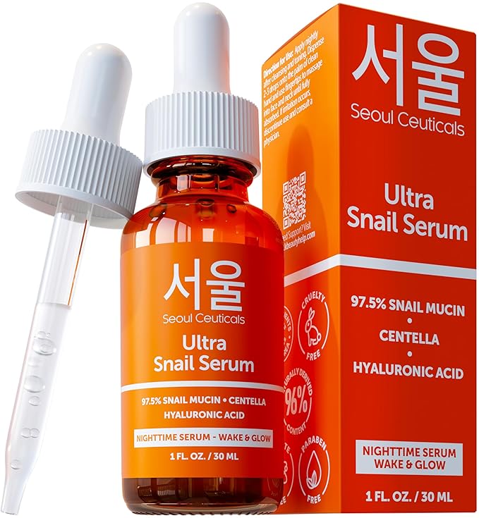 SeoulCeuticals Korean Skin Care 97.5% Snail Mucin Serum – K Beauty Skincare Anti Wrinkle Cica Night Serum Hyaluronic Acid for Face 1oz