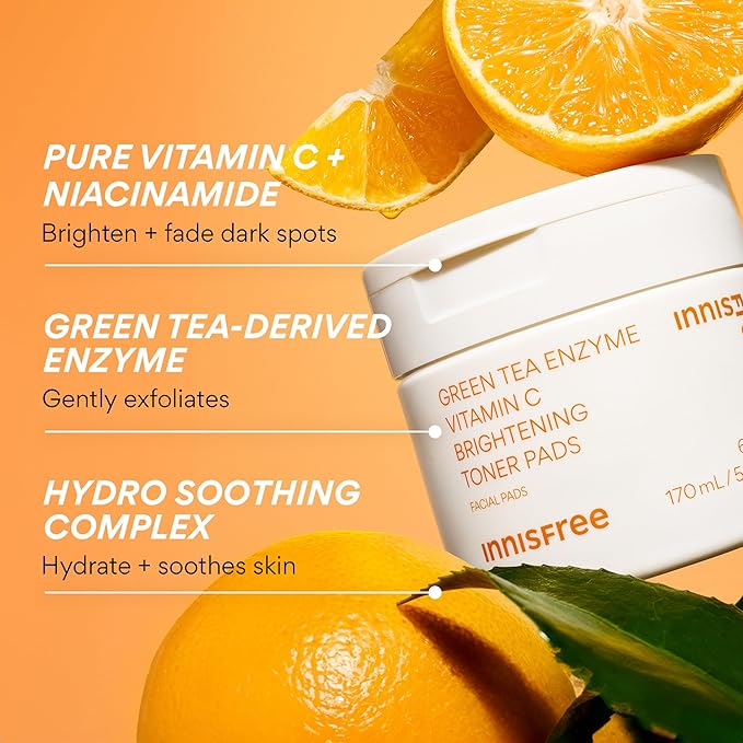 innisfree Green Tea Enzyme Vitamin C Toner Pads, Korean Brightening Face Pads for Dark Spots, Radiance, and Even Skin Tone