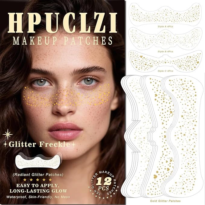 Glitter Freckles Face Tattoo - 12PCS Gold Sparkle Freckles Temporary Face Tattoos for Women, Glow Up Makeup Patches