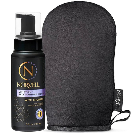Norvell Venetian Self Tanning Set – 8 Fl Oz Mousse with Bronzer and Reusable Applicator Mitt for Natural-Looking, Streak-Free Tan