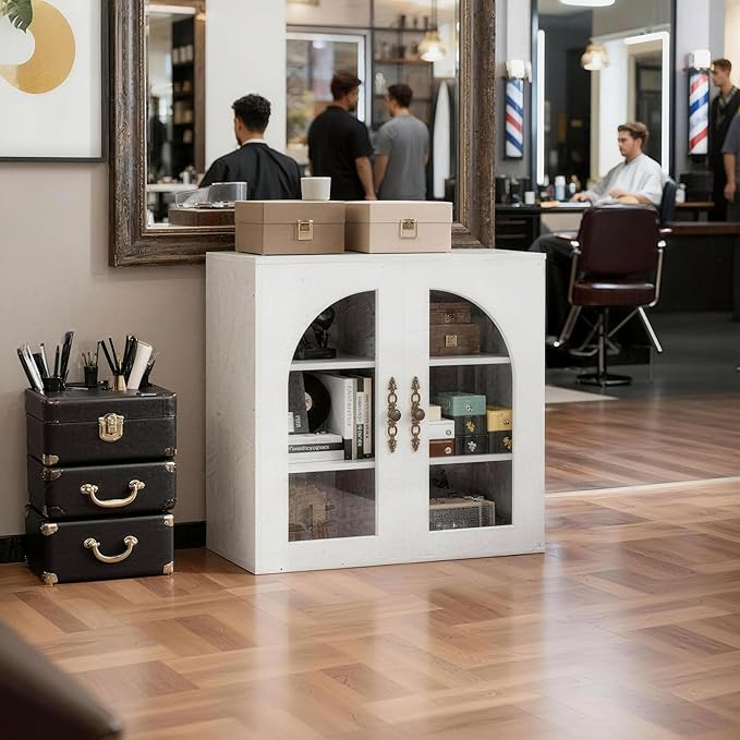 3-Layers Salon Station Free Standing Cabinet, Hair Styling Stations Salon Furniture w/Glass Doors, Bronzed Metal Handles, Wood Grains Surface, Barber Table Hair Salon Furniture(White)