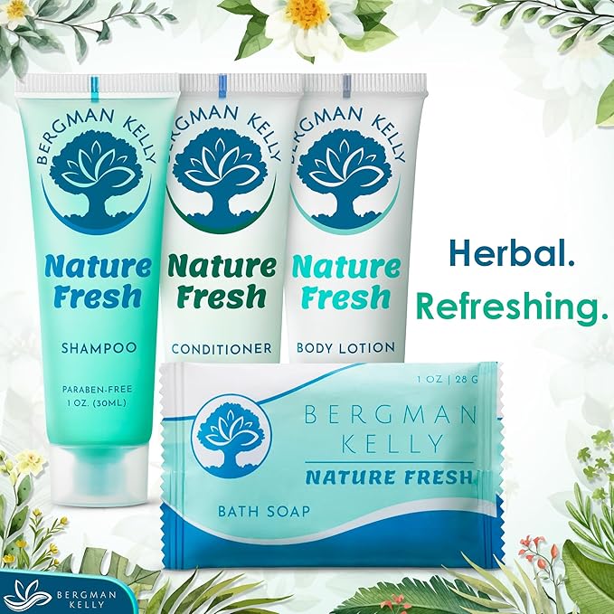 Bergman Kelly Hotel Toiletries Bundle (Nature Fresh, 1 oz each, 100 Pieces) 4-Piece Set: 25 Rectangular Bar Soap, 25 Shampoo, 25 Conditioner & 25 Body Lotion - Bulk Mini Guest Amenities