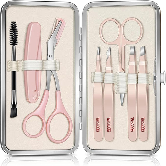 TsMADDTs Tweezers for Women Facial Hair, 8 in 1 Eyebrow Kit with Tweezers, Eyebrow Trimmer Scissors, Razor, Brush with Travel Bag, Hair Plucking Daily Beauty Tools