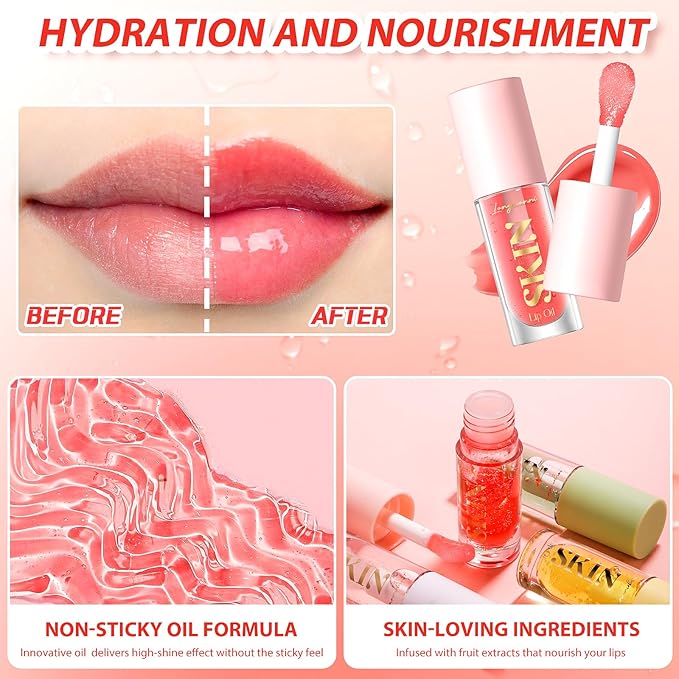 2Pack Big Brush Head Hydrating Lip Glow Oil Plumping Lip Tint, Hydrating Lip Gloss Tinted Lip Balm Transparent Lip Care, Long Lasting Nourishing Non-sticky Fresh Texture (Cherry+Coco)