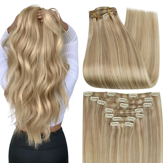 Full Shine Clip in Hair Extensions Human Hair Blonde Clip in Real Human Hair Extensions Honey Blonde Highlighted Platinum Blonde 120 G 16 Inch
