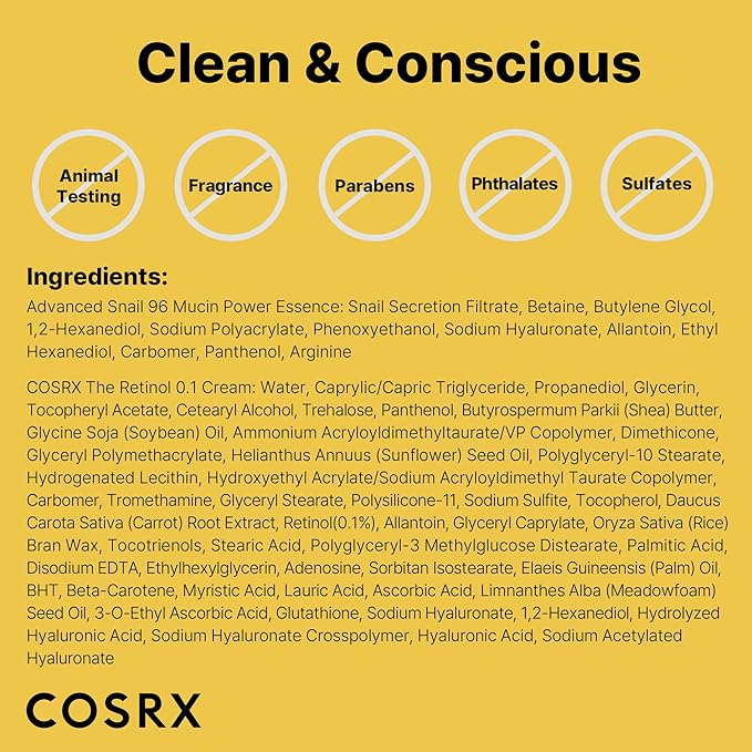 COSRX Snail 96% Mucin Power Essence 2ea & Retinol 0.1% Cream Mini Sample 1ea, Glass Skin Starter Set, Amazon Exclusive, Daily Hydrating & Firming Korean Skin Care Kit, Gift Set, Stocking Stuffers