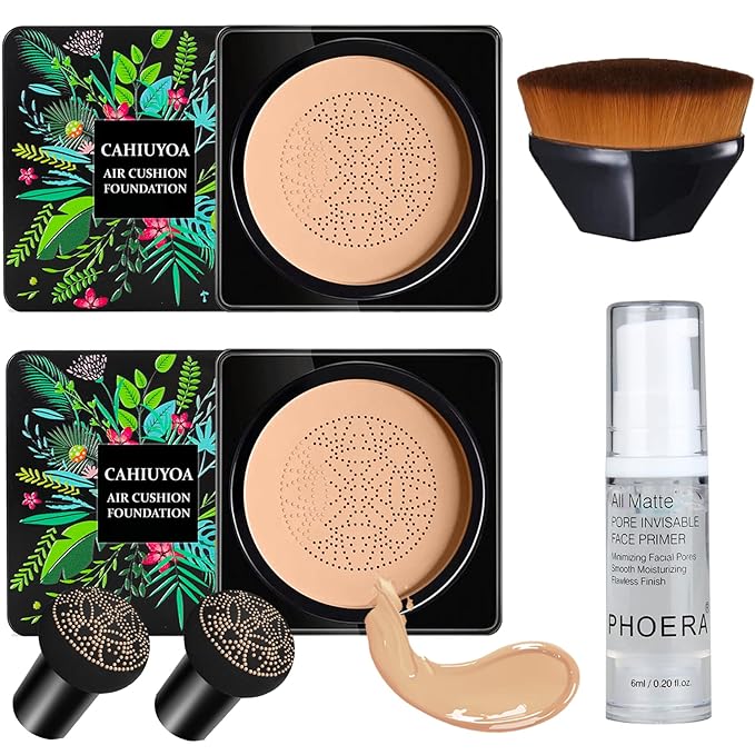 2PCS Mushroom Head Air Cushion CC Cream BB Cream Foundation Full Coverage Foundation 24HR Matte Oil Control Concealer With Makeup Face Primer & Petal-Shaped Cosmetics Brush（Natural）