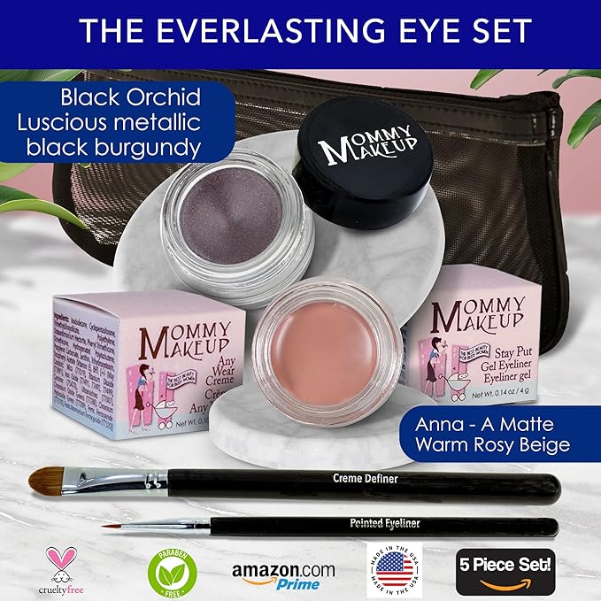 The Everlasting Eye 5 Piece Waterproof Makeup Set. Gel Eyeliner, Creme Eyeshadow, 2 brushes and Mesh Bag. Paraben-free, Talc-free, Cruelty-free. Anna/Black Orchid 1208