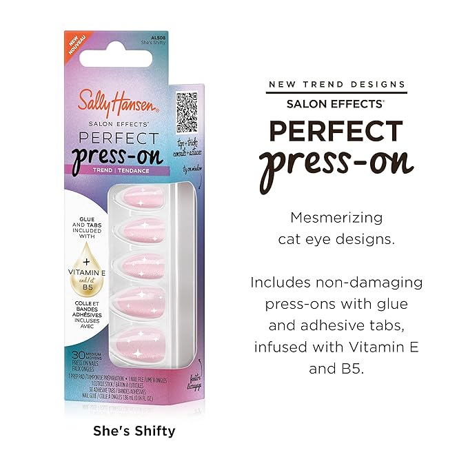 Sally Hansen Salon Effects Perfect Press-On Nails | Almond Shape | Easy to Apply, Non-Damaging | 30 Nails, Nail Glue, Adhesive Tabs, File | She's Shifty