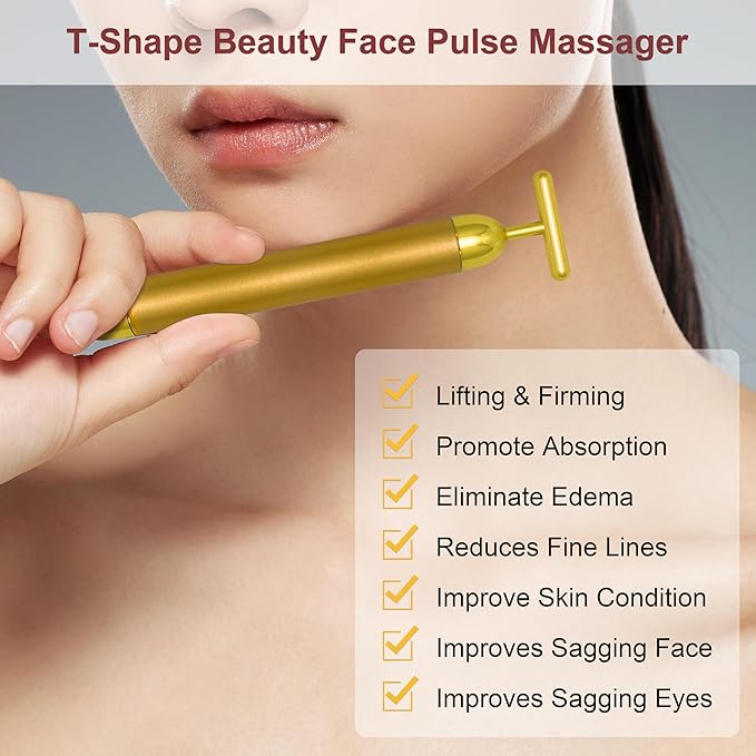 Elitzia T-Shape Beauty Pulse Face Massager 24k Golden Facial Vibration Lift Massage Tools Promote Absorption Improve Multifunctional Can Be Used for Relaxing Face Eyes Head and Ears Portable ETGB001