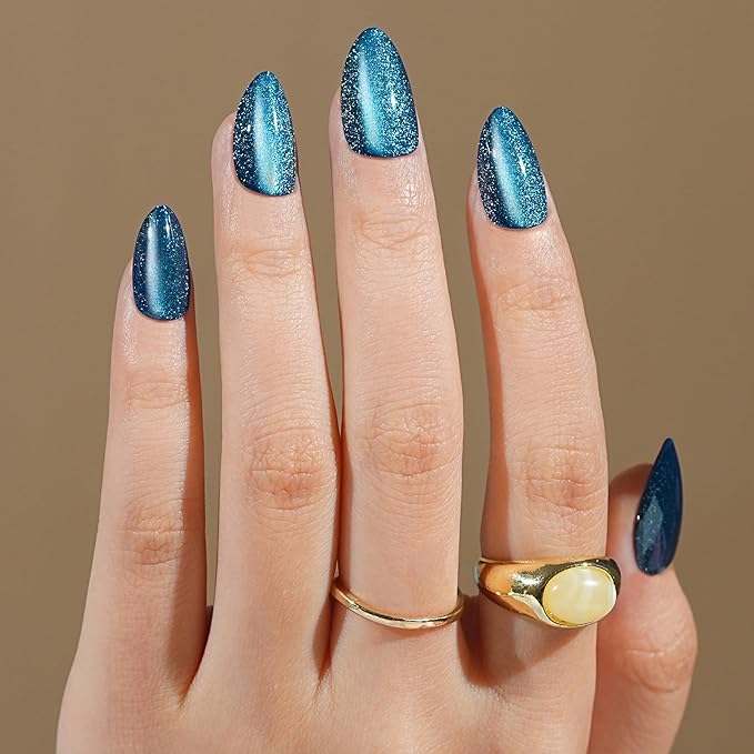 Blue Press on Nails Almond, Jofay Fashion Cat Eye Press on Nails, Soft Gel Fake Nails, Reusable & Natural Acrylic False Nails, Glue on Nails Kit for Women Girls Gift 32 Pcs