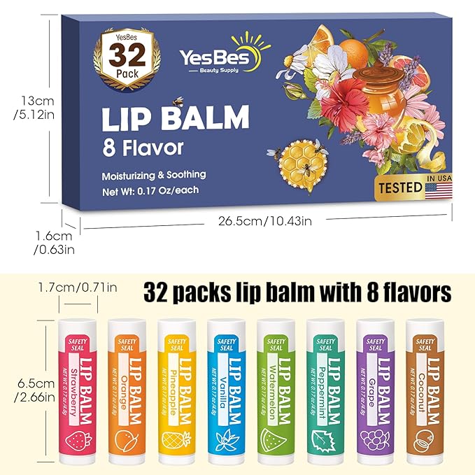 32 Pack Lip Balm, Natural Lip Flavors
