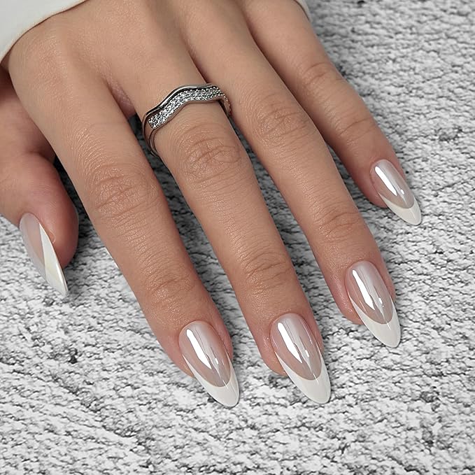 BTArtbox Press On Nails Almond - White French Tip Soft Gel Nails, Chrome Glue On Nails for Gifts, Natural Reusable Glazed Stick On Nails in 15 Sizes - 30 Fake Nails Kit, White Swan