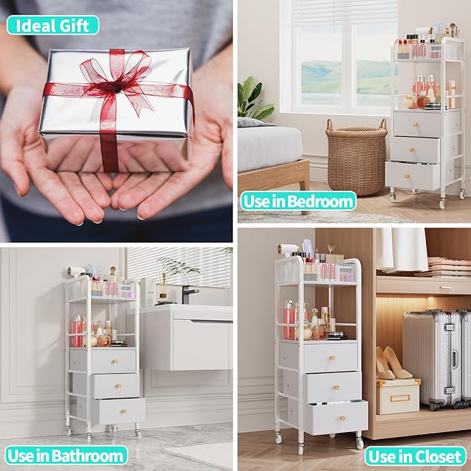 HapiRm Rolling Makeup Cart Organizer - Floor Skincare Make Up Storage with 3 Drawers, Vanity Organizer Cosmetic Display Cases Holder for Skin Care Perfume Nail Polish Brush Hair Tool, White