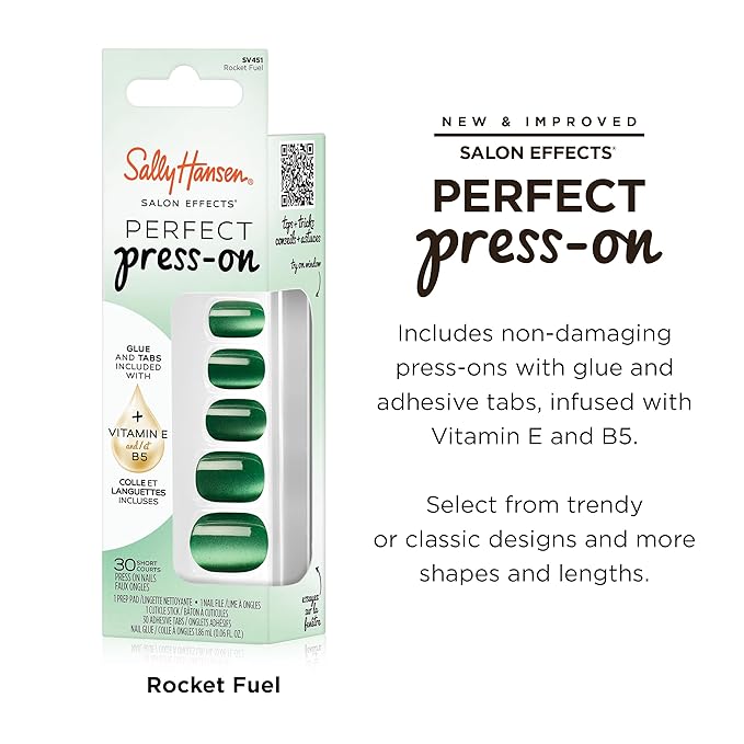 Sally Hansen Salon Effects Perfect Press-On Nails | Sq-oval Shape | Easy to Apply, Non-Damaging| 30 Nails, Nail Glue, Adhesive Tabs, File | Rocket Fuel