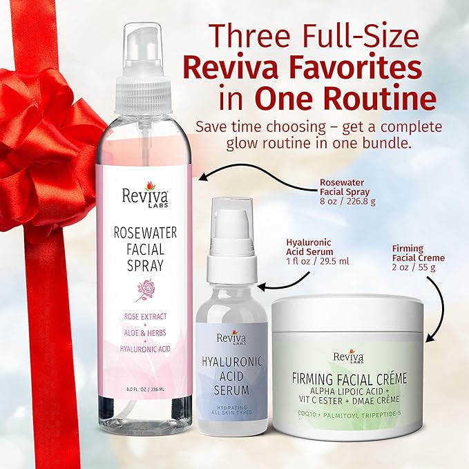 Reviva Labs Holiday Glow Skincare Gift Set – 3-Pc Face Care Kit with Hyaluronic Acid Serum, DMAE Lift & Firm Cream, and Rosewater Face Mist – Hydrating, Moisturizing & Firming Skincare Set for Women