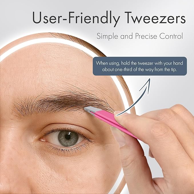 Tweezers for Women Facial Hair, Slant & Pointed Tweezers for Eyebrows, Ingrown Hair, Splinter Removal, 2 Pack Tweezer Set, Professional Stainless Steel Eyebrow Tweezers for Men and Women, Pink
