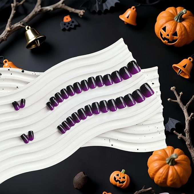 KQueenest Ombre French Press on Nails Short Square, Dark Purple Black Fake Nails Short Coffin, Gradient Color Acrylic Nails Press Ons, Soft Gel Glue on Nails for Women Decoration in 30 Pcs