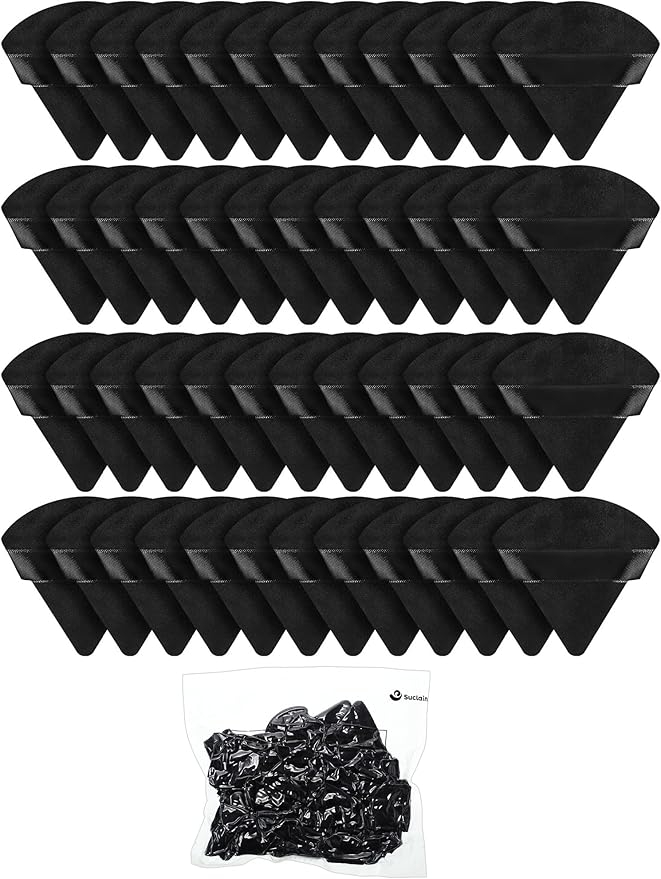 Suclain 48 Pcs Velour Triangle Powder Puff Soft Velour Makeup Puff for Face Powder Makeup Triangle Sponges for Wet and Dry Cosmetic Foundation Loose Mineral Body Tool(Black)