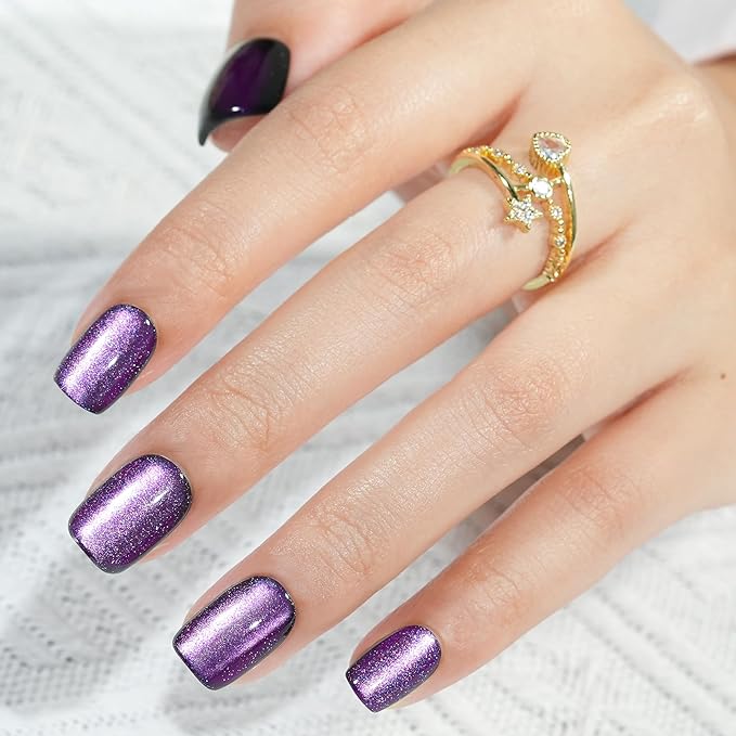 Cat Eye Press on Nails Kit- Milky Way Galaxy, Jofay Fashion Square Short Salon-Like Fake Nails with Deep Purple Glitter, Acrylic False Nails Reusable Full Cover Stick on Fake Nails for Women, 32 Sizes