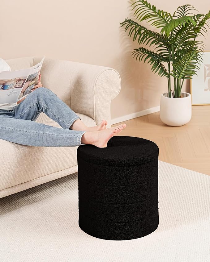 B FSOBEIIALEO Ottoman with Stroage, Round Sherpa Storage Ottoman Stool, Boucle Foot Rest 16.9"x16.9"x17.7"（Black