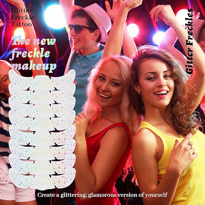 8Pcs Chameleon Glitter Freckles Face Tattoo, Cute Star Holographic Multichrome Waterproof Glitter Speckles Patches, Long Lasting Temporary Tattoos Sticker Makeup for Festive Rave Accessories02