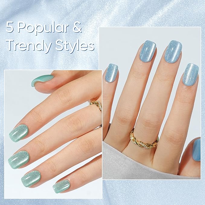 Press on Nails Short 5 Styles, Jofay Fashion 160Pcs Summer Cat Eye Press on Nails for Women, Reusable Opaque Gel Fake Nails, Square Glue On Nails in 16 Sizes, Island