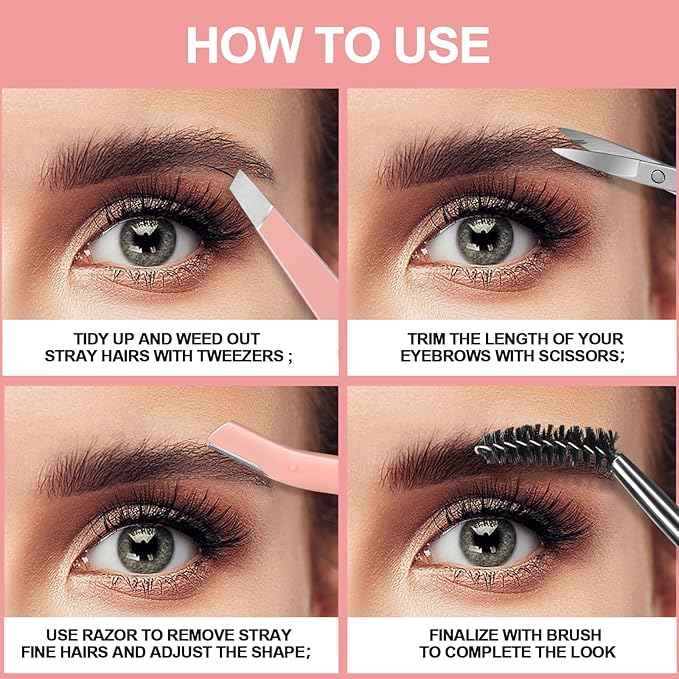 FANDAMEI Eyebrow Kit with Leather Case - Eyebrow Scissors, Tweezers, Razor, Brush for Women & Men - Facial Hair & Ingrown Hair Removal