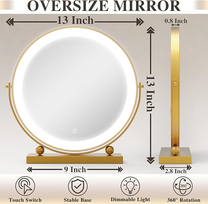 13 Inch Vanity Mirror with Lights, Round Make Up Mirror with Lighting, LED Mirror Makeup Mirror with Lights for Bedroom Tabletop, Smart Touch Control, 360° Rotation (Gold)