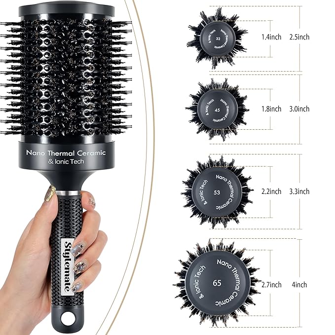 Large Round Brush, (Barrel 2.7 Inch, 65mm,) Nano Thermal Ceramic & Ionic Tech Round Barrel Roller Hair Brush with Boar Bristles for Blow Drying-Black