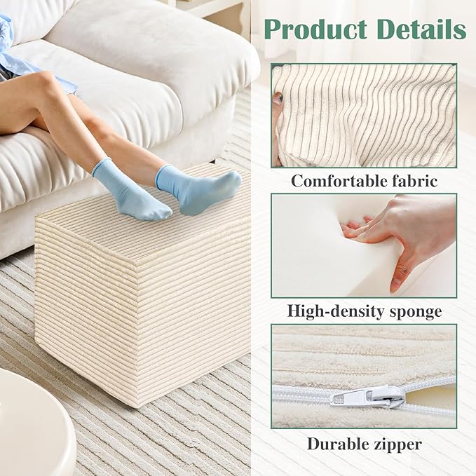 Rectangular Stuffed Pouf Ottoman with Foam Chunk Filling, Coral Fleece and Furry Fabric Design, Multi-Functional Floor Pouf for Living Room, Beige