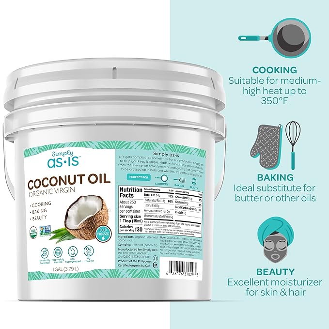 Simply as-is | Cold Pressed & Organic Virgin | Unrefined | Coconut Flavor for Cooking & Baking | Deep Moisturizer for Beauty Oil | 128 fl oz