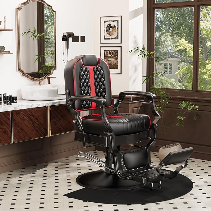 Baasha Professional Reclining Barber Chair with Adjustable Headrest, Hydraulic Heavy-Duty Base, Soft Upholstery & Thick Cushion, Tattoo & Hair Salon Chair, 550 lbs Capacity