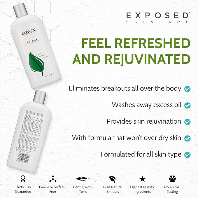Exposed Skin Care Body Wash - Back and Body Acne Wash with Salicylic Acid and Tea Tree Oil – Exfoliating Bacne Treatment for Clearer, Healthier Skin – Body Cleanser for All Skin Types (12 fl oz)